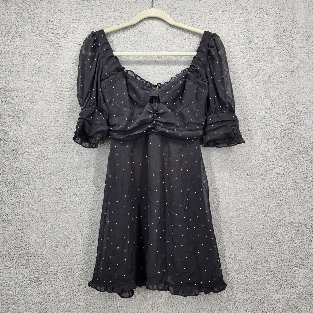 For Love & Lemons Black Polka Dot Puff Sleeve Ruffle Mini Dress Size XS